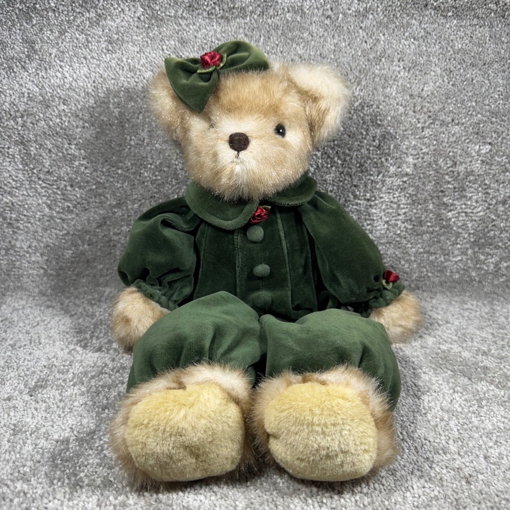 Bearington Collection Plush Teddy Bear Green Velvet Rose Romper Holiday 16"